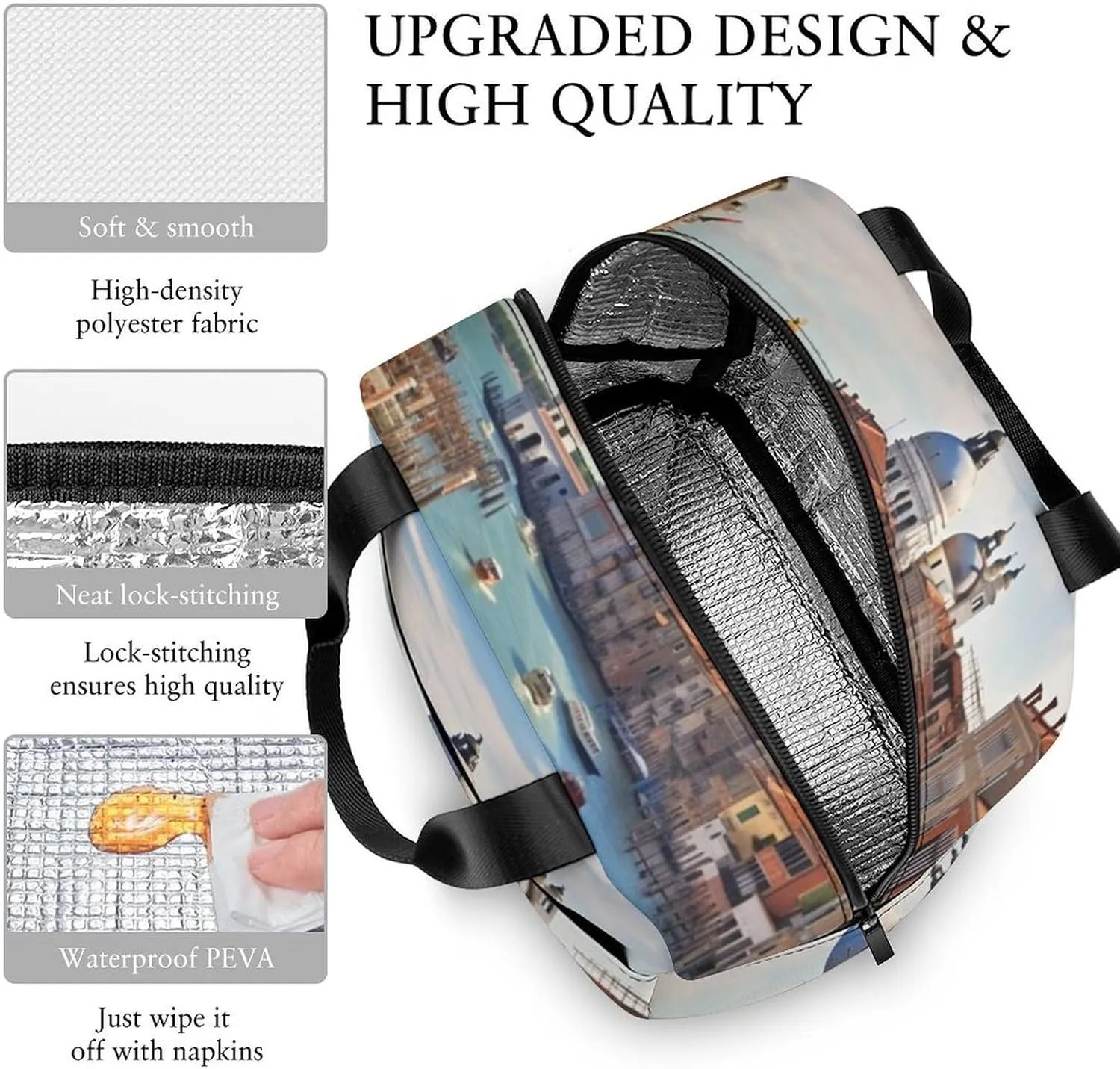 Lunch Bag Reusable Insulated Lunch Box for Women Men Leakproof Cooler Bag Grand Canal in Italy Portable Lunchbox Adults Small Lunch Tote Bag for Office Work Picnic Travel, 22*20*13cm