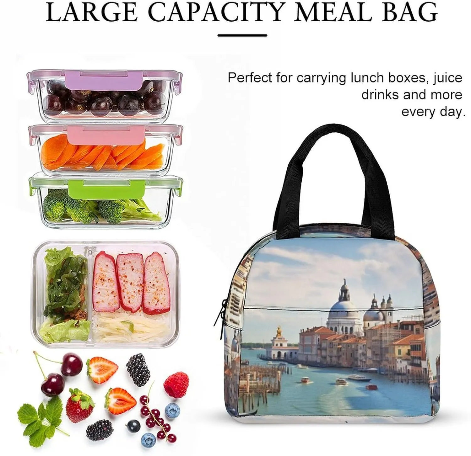 Lunch Bag Reusable Insulated Lunch Box for Women Men Leakproof Cooler Bag Grand Canal in Italy Portable Lunchbox Adults Small Lunch Tote Bag for Office Work Picnic Travel, 22*20*13cm