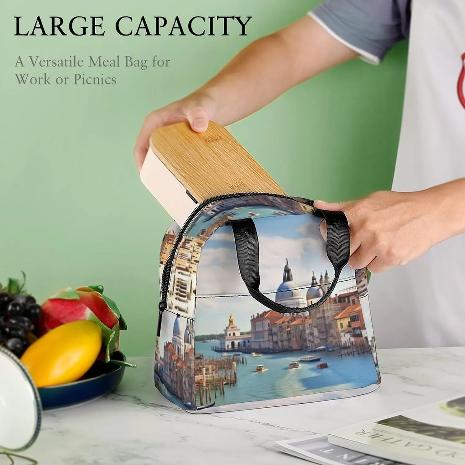 Lunch Bag Reusable Insulated Lunch Box for Women Men Leakproof Cooler Bag Grand Canal in Italy Portable Lunchbox Adults Small Lunch Tote Bag for Office Work Picnic Travel, 22*20*13cm