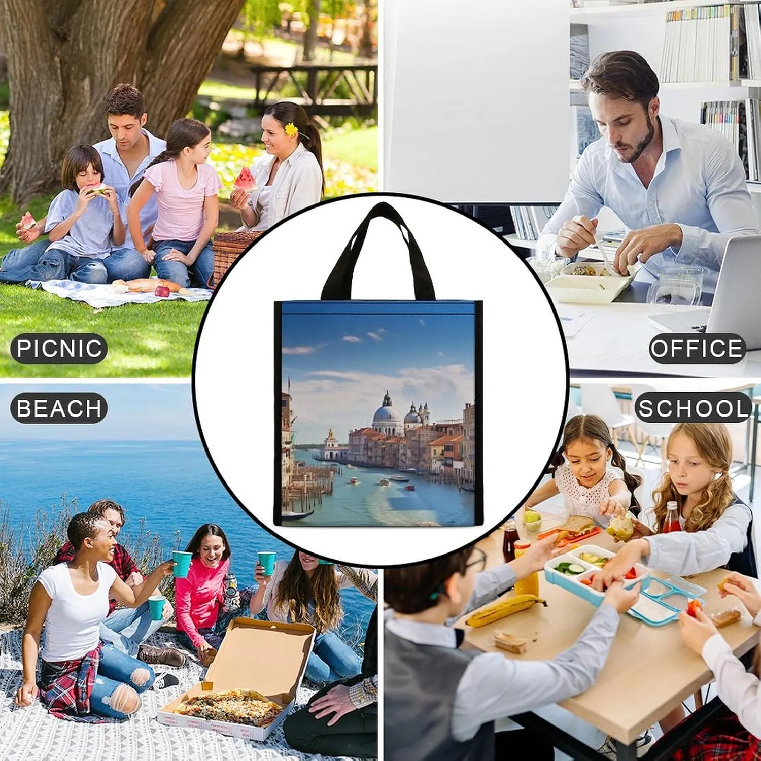 Lunch Bag Reusable Insulated Lunch Box for Women Men Leakproof Cooler Bag Grand Canal in Italy Portable Lunchbox Adults Small Lunch Tote Bag for Office Work Picnic Travel