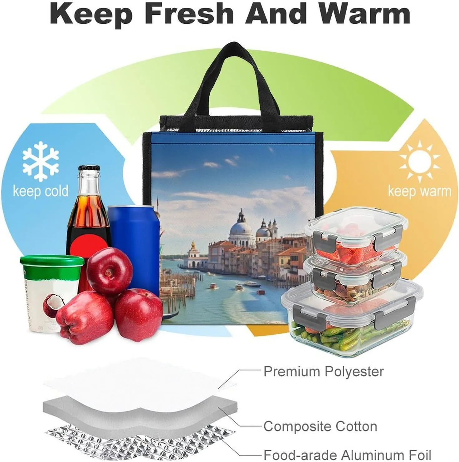 Lunch Bag Reusable Insulated Lunch Box for Women Men Leakproof Cooler Bag Grand Canal in Italy Portable Lunchbox Adults Small Lunch Tote Bag for Office Work Picnic Travel