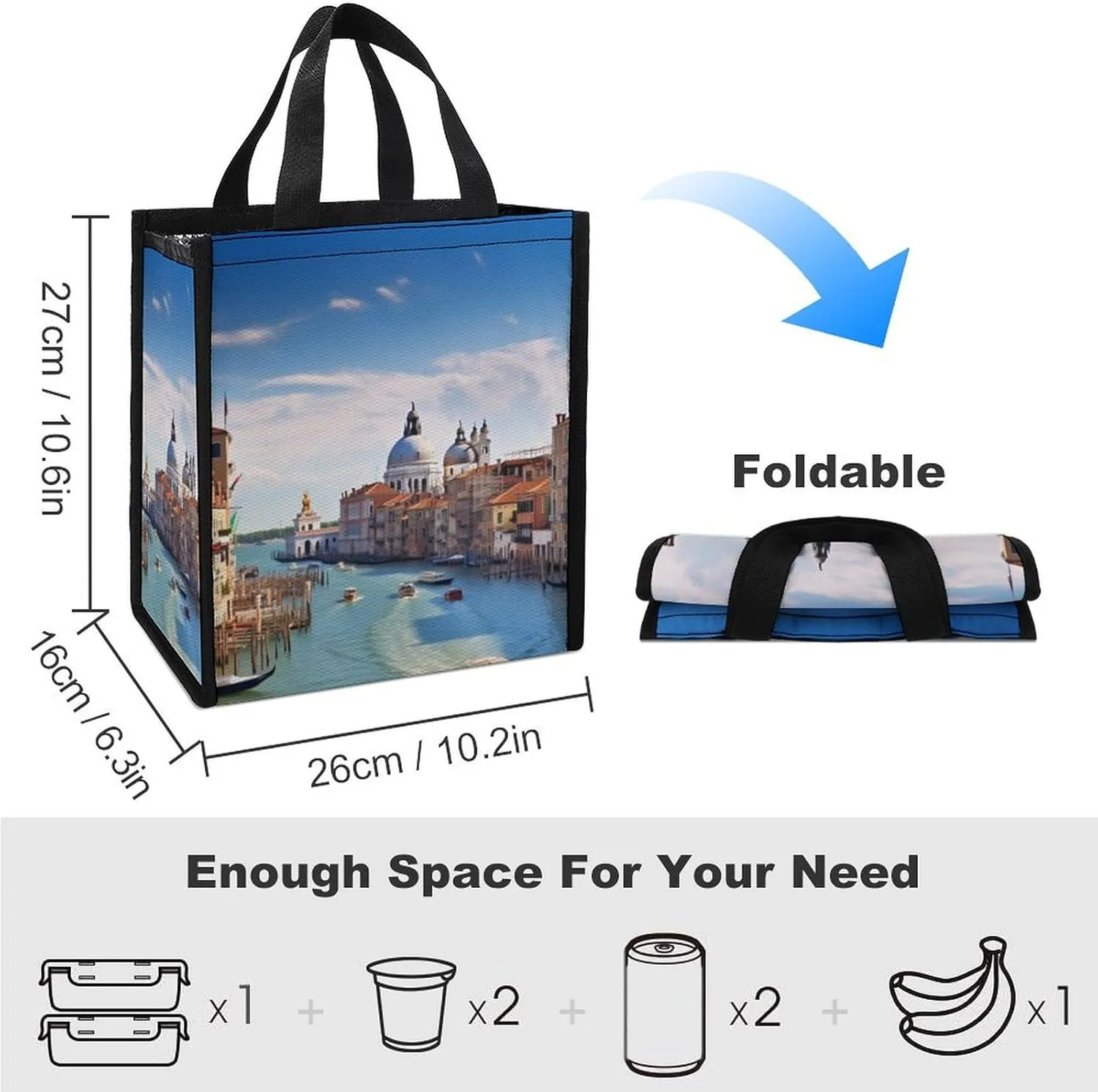Lunch Bag Reusable Insulated Lunch Box for Women Men Leakproof Cooler Bag Grand Canal in Italy Portable Lunchbox Adults Small Lunch Tote Bag for Office Work Picnic Travel