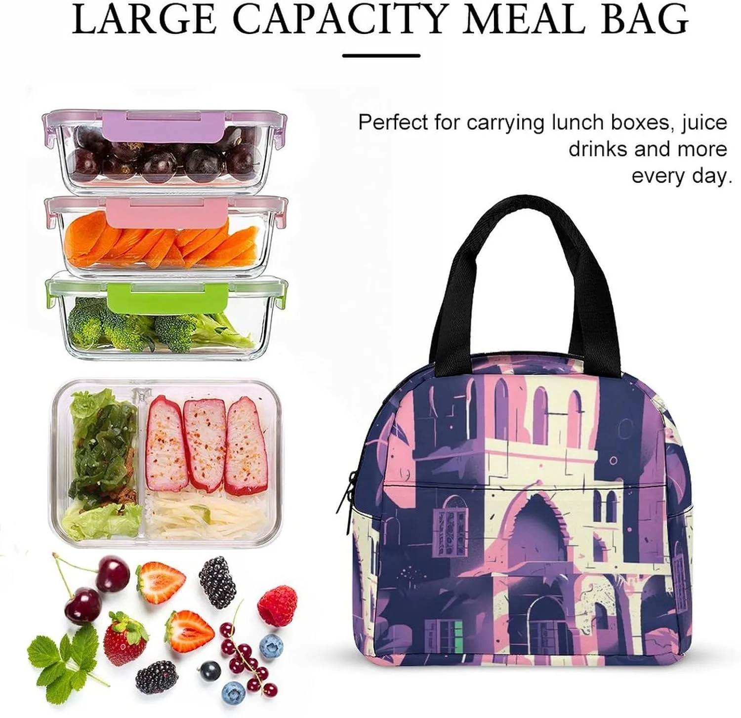 Lunch Bag Reusable Insulated Lunch Box for Women Men Leakproof Cooler Bag Traditional Architecture Portable Lunchbox Adults Small Lunch Tote Bag for Office Work Picnic Travel