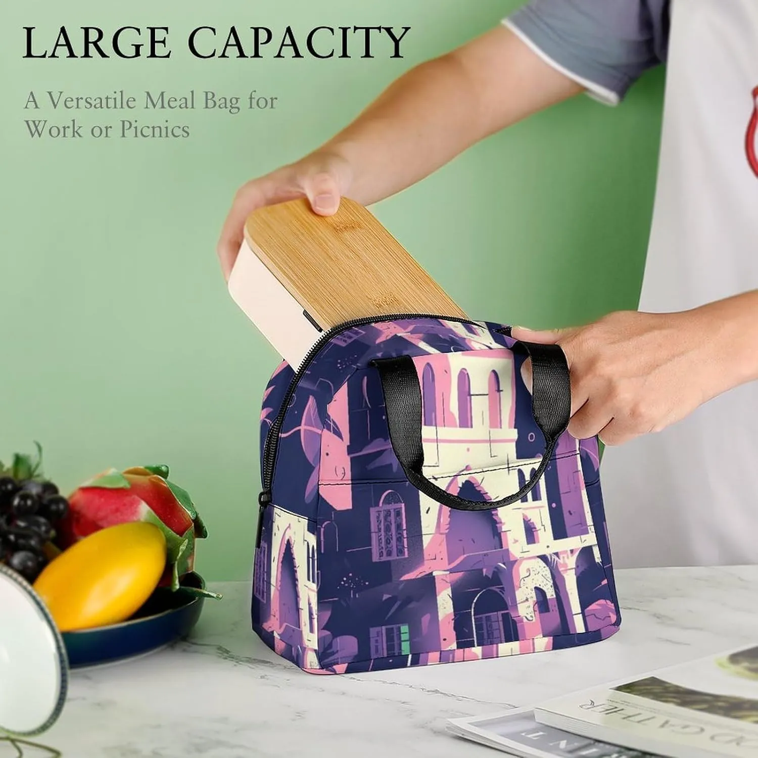 Lunch Bag Reusable Insulated Lunch Box for Women Men Leakproof Cooler Bag Traditional Architecture Portable Lunchbox Adults Small Lunch Tote Bag for Office Work Picnic Travel