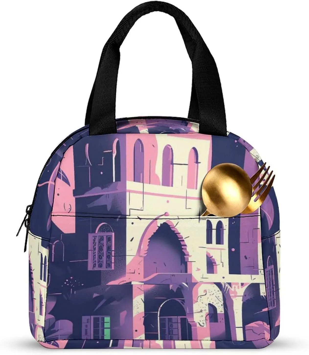 Lunch Bag Reusable Insulated Lunch Box for Women Men Leakproof Cooler Bag Traditional Architecture Portable Lunchbox Adults Small Lunch Tote Bag for Office Work Picnic Travel
