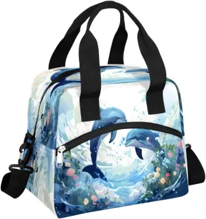 Lunch Bag Women Blue Dolphin Insulated Lunch Bag Men Lunch Box Waterproof Thermal Cooler Tote Bags with Shoulder Strap Ocean Underwater Lunch Tote Bag for Work, Picnic, Travel for Adult