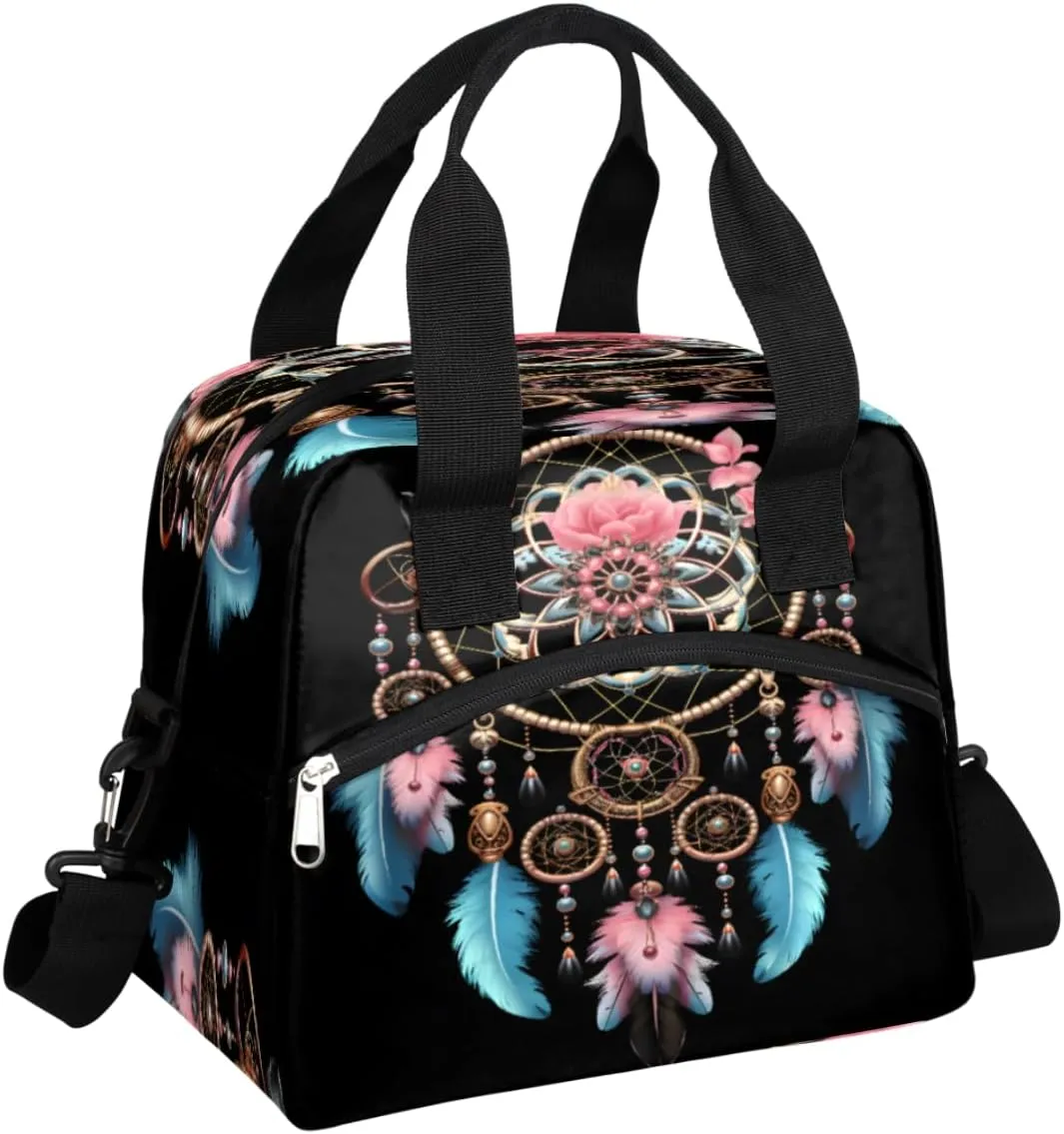 Lunch Bag Women Gypsy Dream Catcher Insulated Lunch Bag Men Lunch Box Waterproof Thermal Cooler Tote Bags with Shoulder Strap Ethnic Design Lunch Tote Bag for Work, Picnic, Travel for Adult