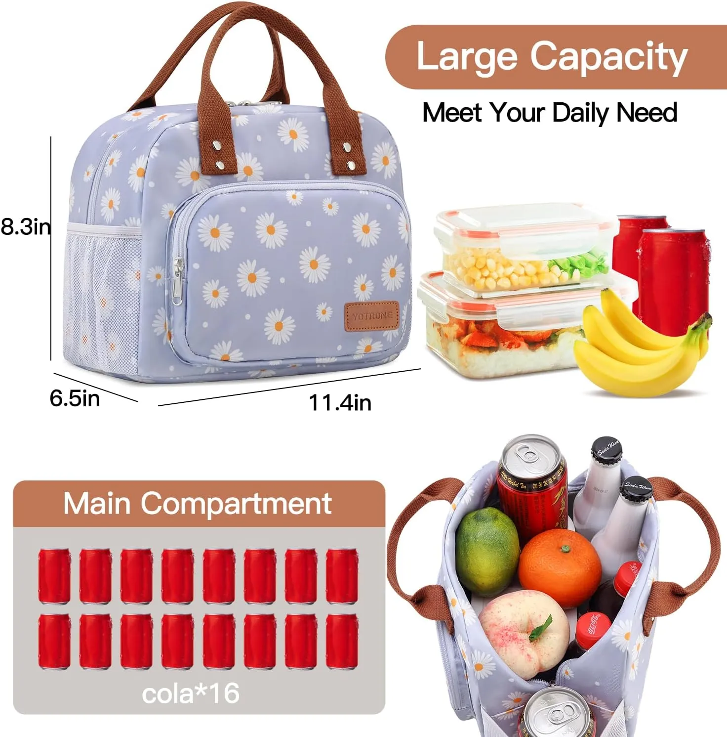 Lunch Bag Women, Lunch Box Lunch Bag for Women Men Work Adult Insulated Cute Small Lunch Tote Bag, Large Capacity Reusable Cooler Containers for Travel Picnic Office or Beach(Blue Daisy)