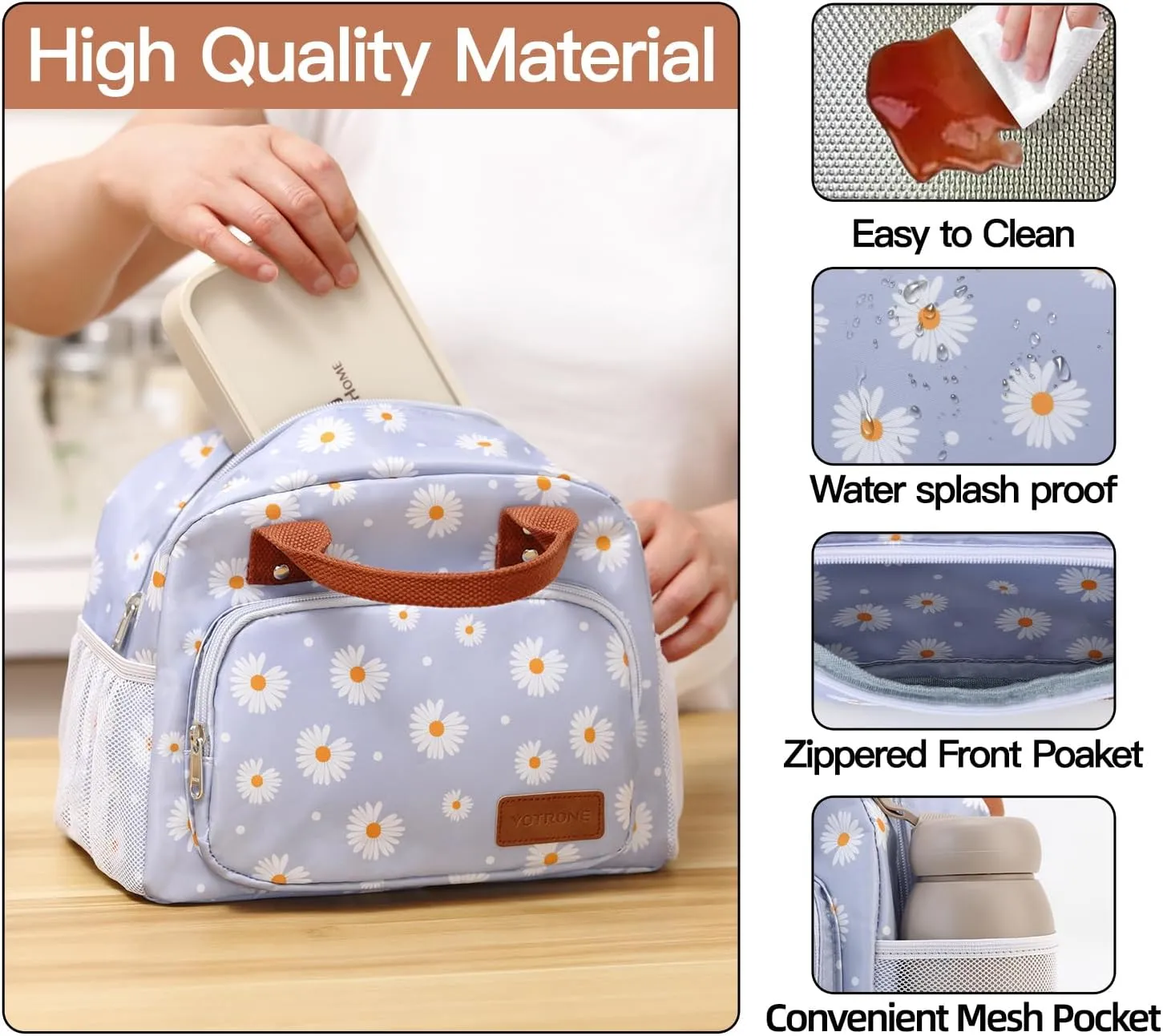 Lunch Bag Women, Lunch Box Lunch Bag for Women Men Work Adult Insulated Cute Small Lunch Tote Bag, Large Capacity Reusable Cooler Containers for Travel Picnic Office or Beach(Blue Daisy)