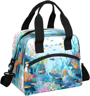 Lunch Bag Women Ocean Theme Insulated Lunch Bag Men Lunch Box Waterproof Thermal Cooler Tote Bags with Shoulder Strap Underwater World Fishes Coral Lunch Tote Bag for Work, Picnic, Travel for Adult
