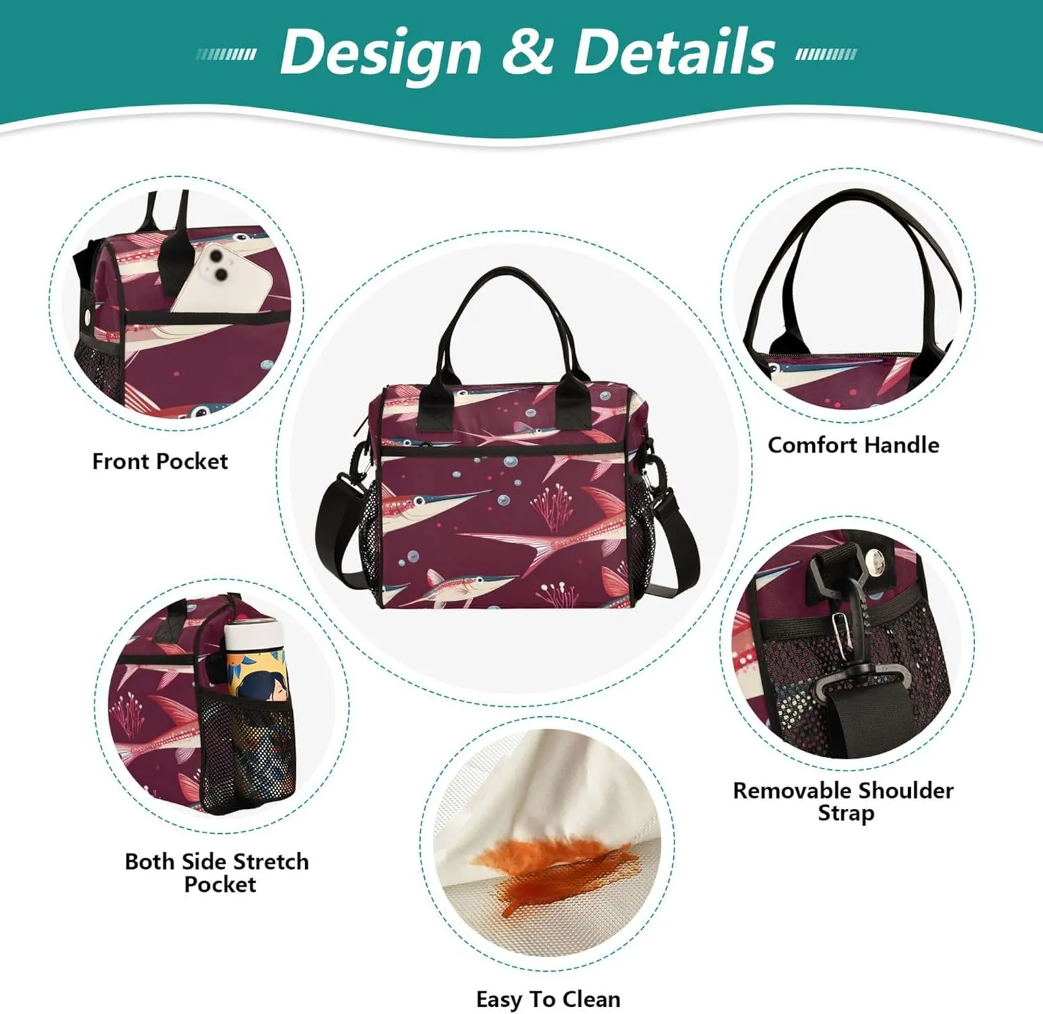 Lunch Bags for Adults with Zipper Lunch Tote Bag with Shoulder Strap Lunch Boxes for Work Nurse Work S Cartoon Swordfish Fishes