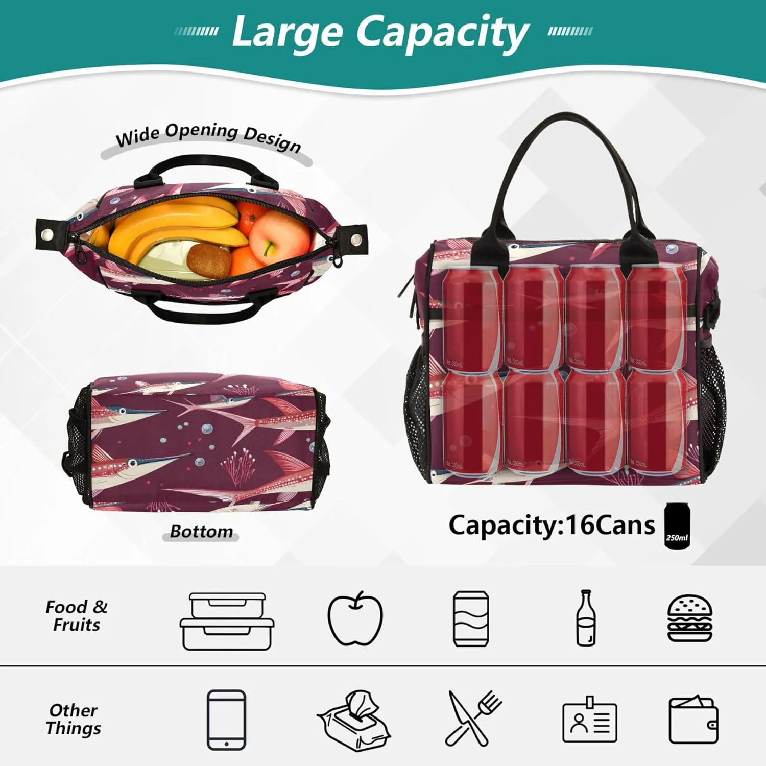 Lunch Bags for Adults with Zipper Lunch Tote Bag with Shoulder Strap Lunch Boxes for Work Nurse Work S Cartoon Swordfish Fishes