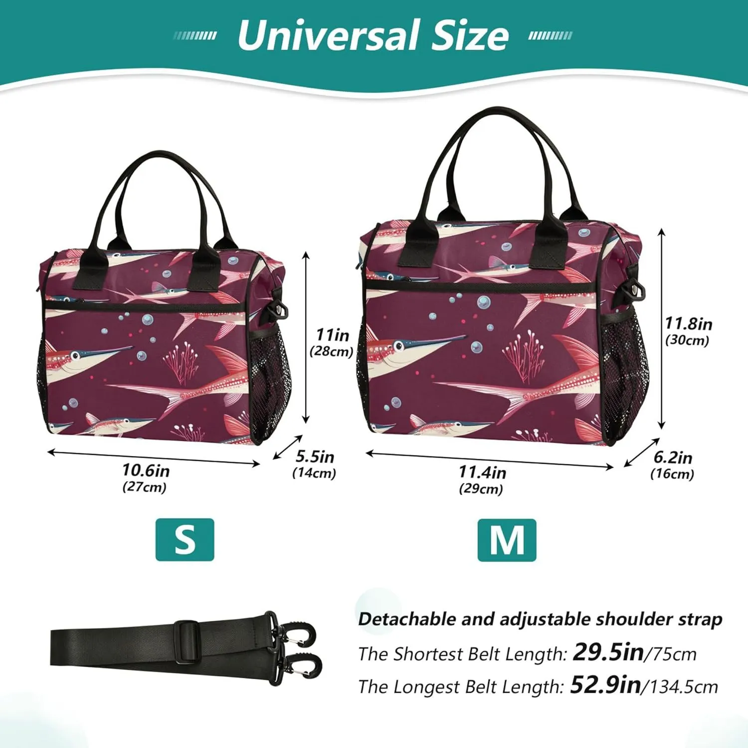 Lunch Bags for Adults with Zipper Lunch Tote Bag with Shoulder Strap Lunch Boxes for Work Nurse Work S Cartoon Swordfish Fishes