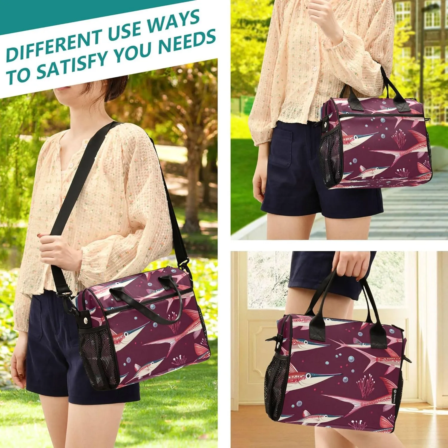 Lunch Bags for Adults with Zipper Lunch Tote Bag with Shoulder Strap Lunch Boxes for Work Nurse Work S Cartoon Swordfish Fishes