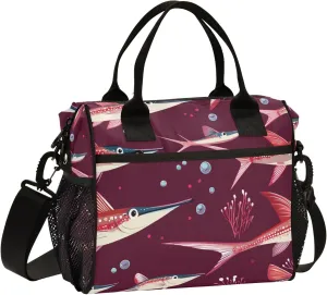 Lunch Bags for Adults with Zipper Lunch Tote Bag with Shoulder Strap Lunch Boxes for Work Nurse Work S Cartoon Swordfish Fishes