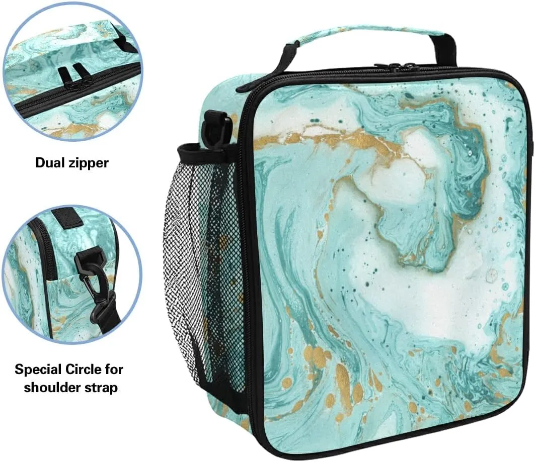 Lunch Bags for Boys Girls, Turquoise Marble Texture Reusable Insulated Lunch Box Thermal Meal Tote Kit, Lunch Cooler Bag Organizer with Adjustable Shoulder Strap