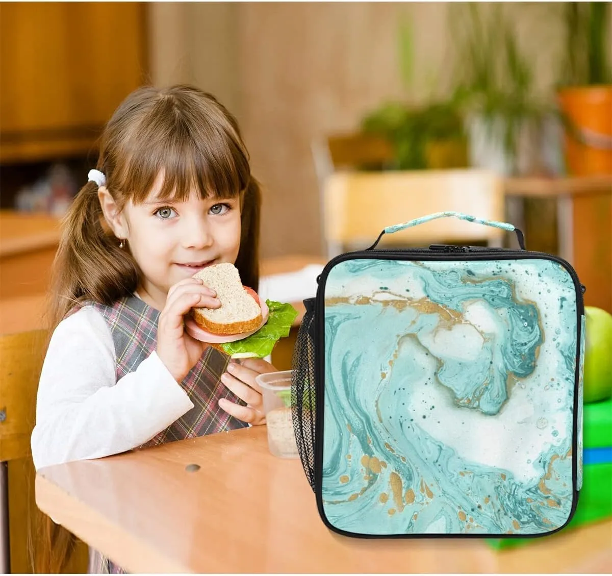 Lunch Bags for Boys Girls, Turquoise Marble Texture Reusable Insulated Lunch Box Thermal Meal Tote Kit, Lunch Cooler Bag Organizer with Adjustable Shoulder Strap