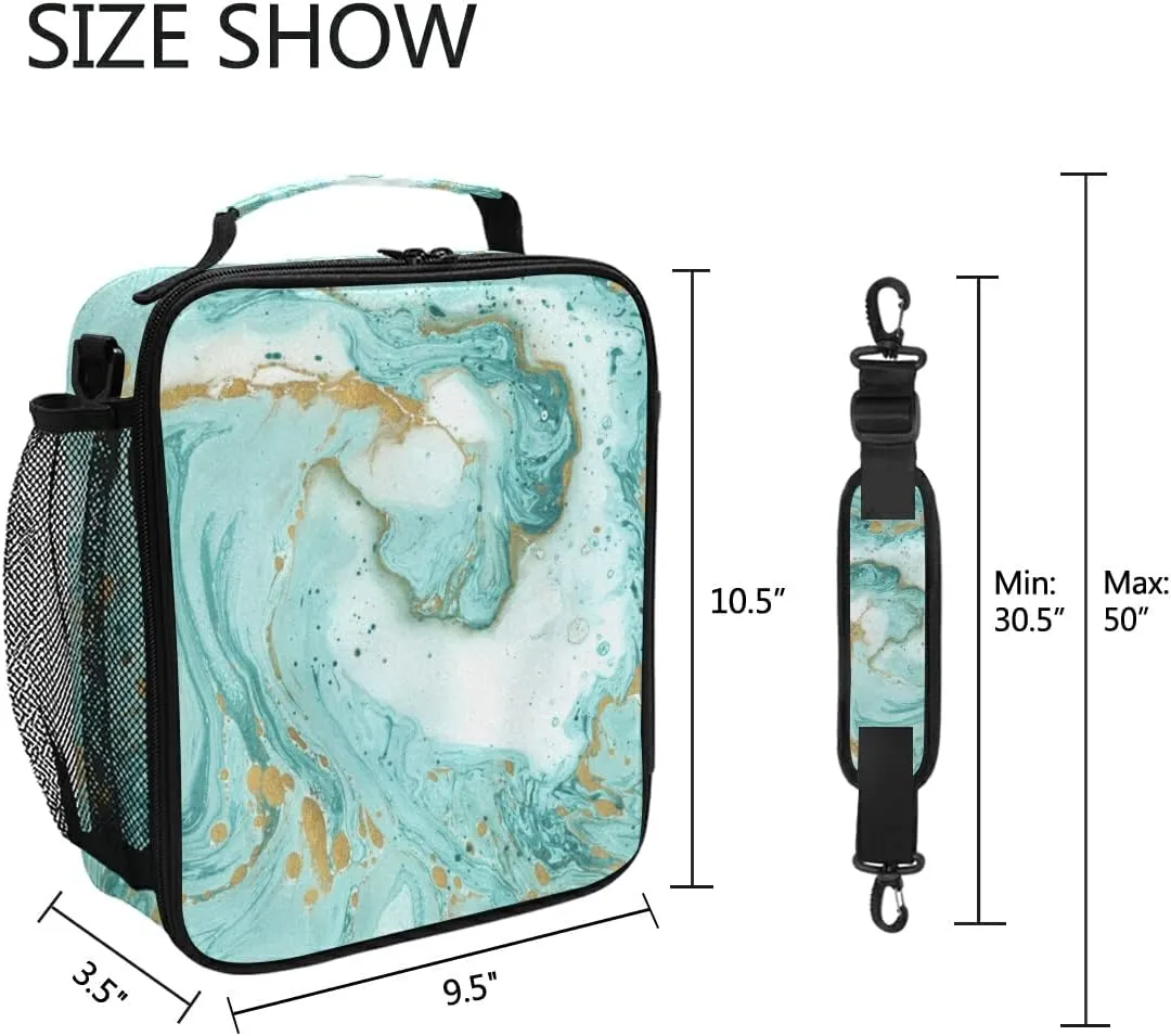 Lunch Bags for Boys Girls, Turquoise Marble Texture Reusable Insulated Lunch Box Thermal Meal Tote Kit, Lunch Cooler Bag Organizer with Adjustable Shoulder Strap