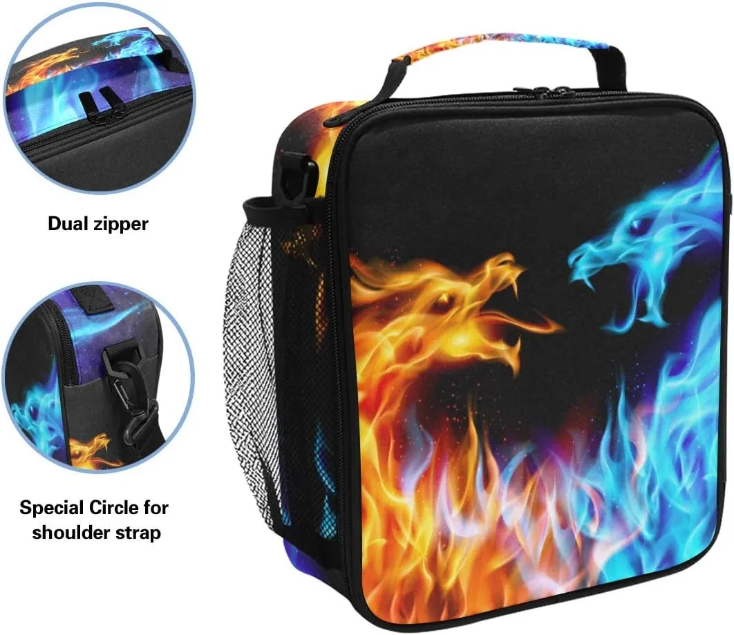 Lunch Box Bag Abstract Fiery Dragons Pattern Lunchbox Insulated Thermal Cooler Ice Adjustable Shoulder Strap for Women Men Boys Girls