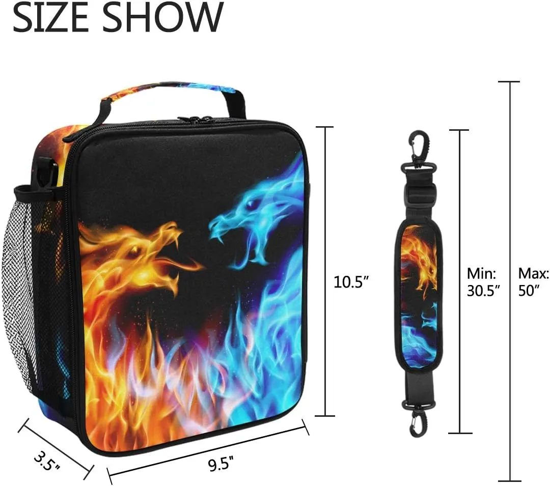 Lunch Box Bag Abstract Fiery Dragons Pattern Lunchbox Insulated Thermal Cooler Ice Adjustable Shoulder Strap for Women Men Boys Girls
