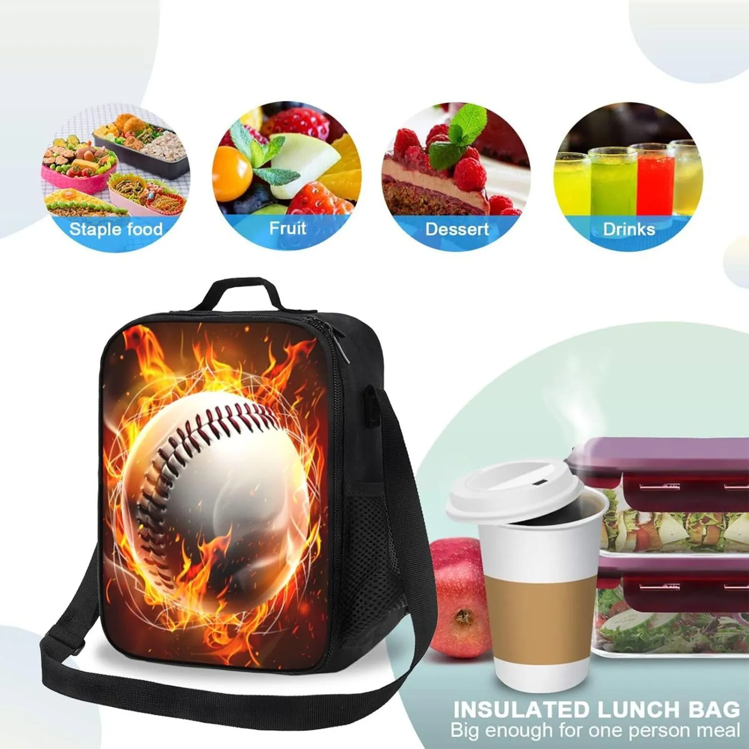 Lunch Box Baseball Lunch Bag Women Men Lunch Tote Bag Portable With Adjustable Shoulder Strap Reusable Insulated Cooler for Work Offices Camping Picnic Beach Hiking