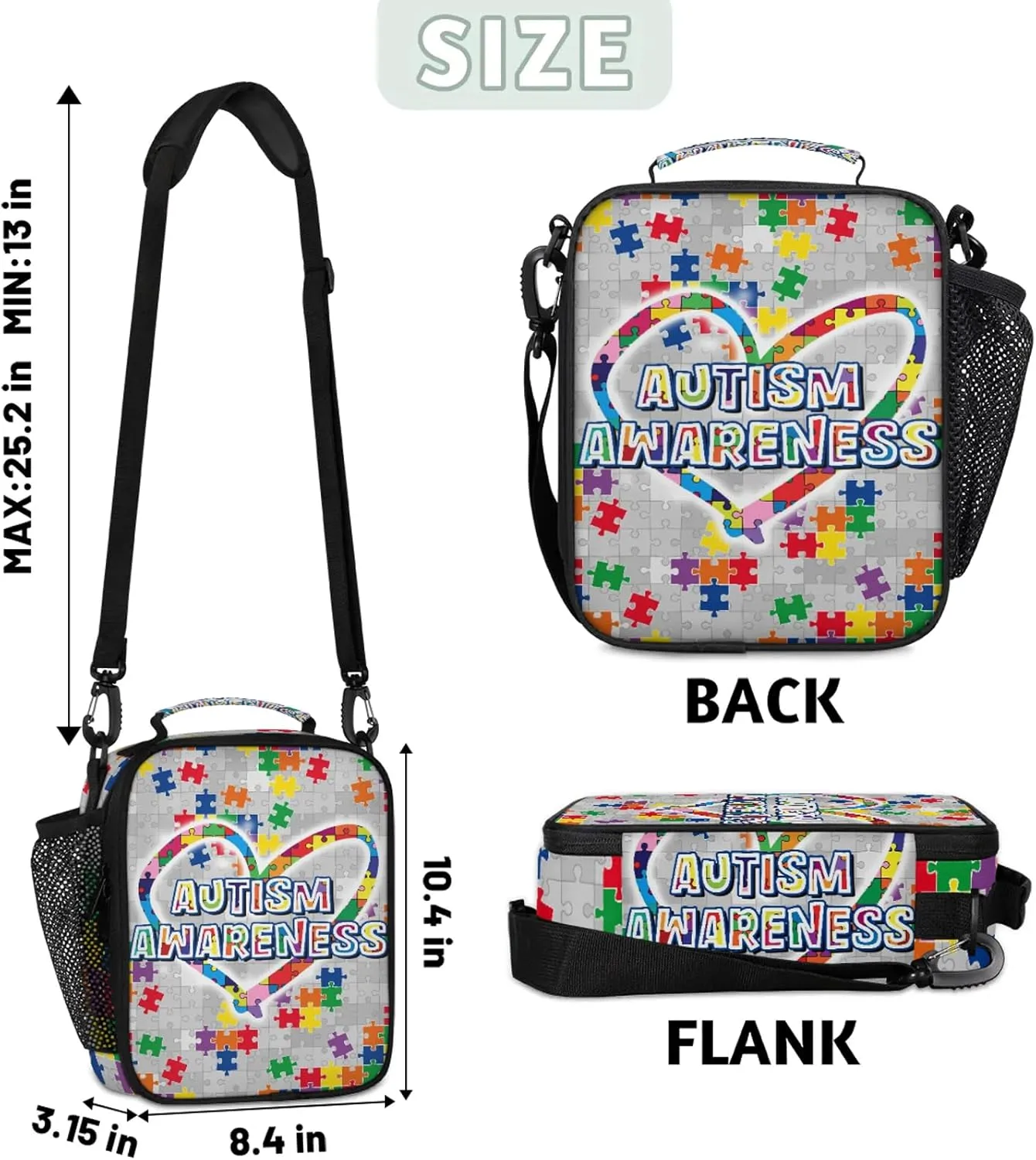 Lunch Box for Boys Girls - Autism Awareness Heart Reusable Insulated Lunch Bags for Kids - Large Capacity Cooler Back to School Lunch Thermal Meal Tote Kit