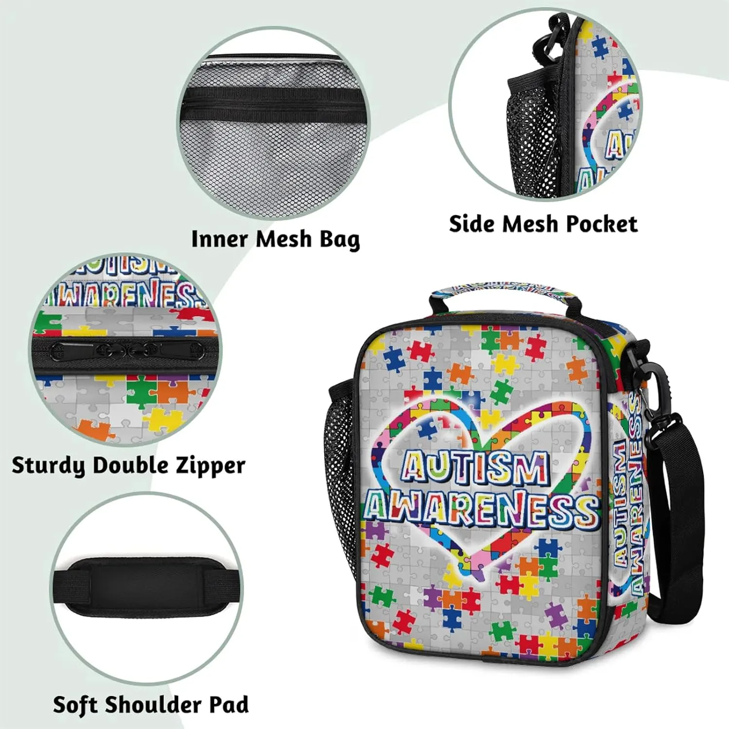 Lunch Box for Boys Girls - Autism Awareness Heart Reusable Insulated Lunch Bags for Kids - Large Capacity Cooler Back to School Lunch Thermal Meal Tote Kit