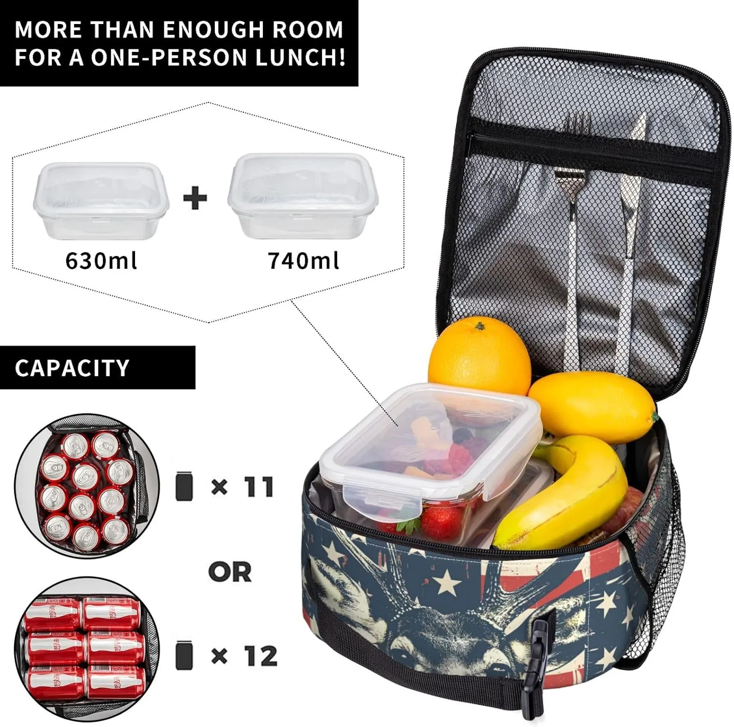 Lunch Box for Kids Adults Girls Boys Deer American Flag Lunch Bag Cooler Tote Reusable Insulated Lunch Bag Container Gifts for Office Picnic Travel Work School