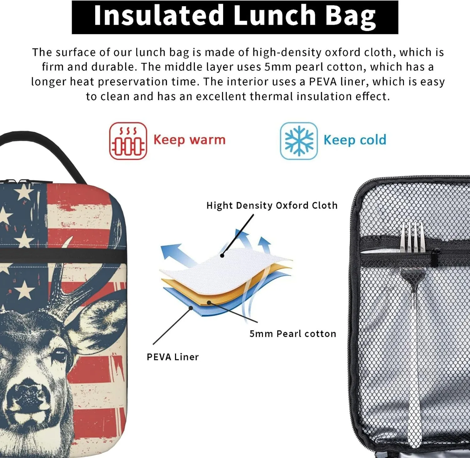 Lunch Box for Kids Adults Girls Boys Deer American Flag Lunch Bag Cooler Tote Reusable Insulated Lunch Bag Container Gifts for Office Picnic Travel Work School