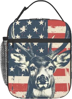 Lunch Box for Kids Adults Girls Boys Deer American Flag Lunch Bag Cooler Tote Reusable Insulated Lunch Bag Container Gifts for Office Picnic Travel Work School