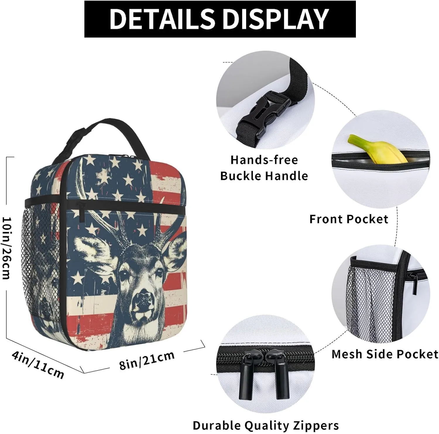 Lunch Box for Kids Adults Girls Boys Deer American Flag Lunch Bag Cooler Tote Reusable Insulated Lunch Bag Container Gifts for Office Picnic Travel Work School