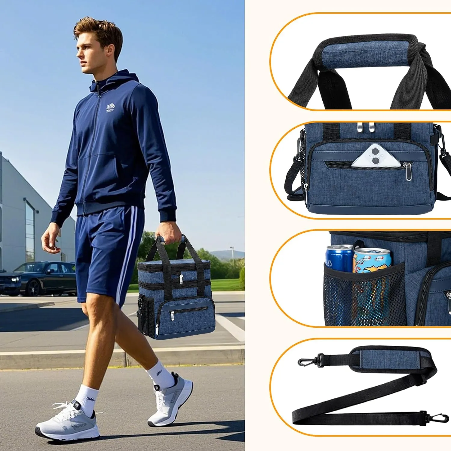 Lunch Box for Men & Women - Double Layer Large Insulated Leakproof Lunch Bag with Adjustable Shoulder Strap, Expandable Adult Lunch Cooler Bag for Work, Office, Travel, Camping-Dark Blue