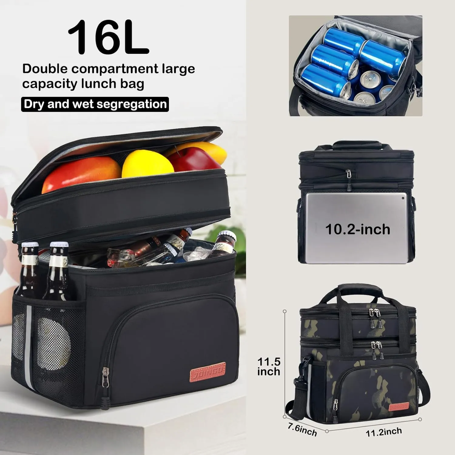 Lunch Box For Men/Women,Large Double-layer Insulated Expandable Reusable Leakproof Cooler Bags For Adults,Lunch Bag With Adjustable Shoulder Strap For Office Travel Picnic（Camo）