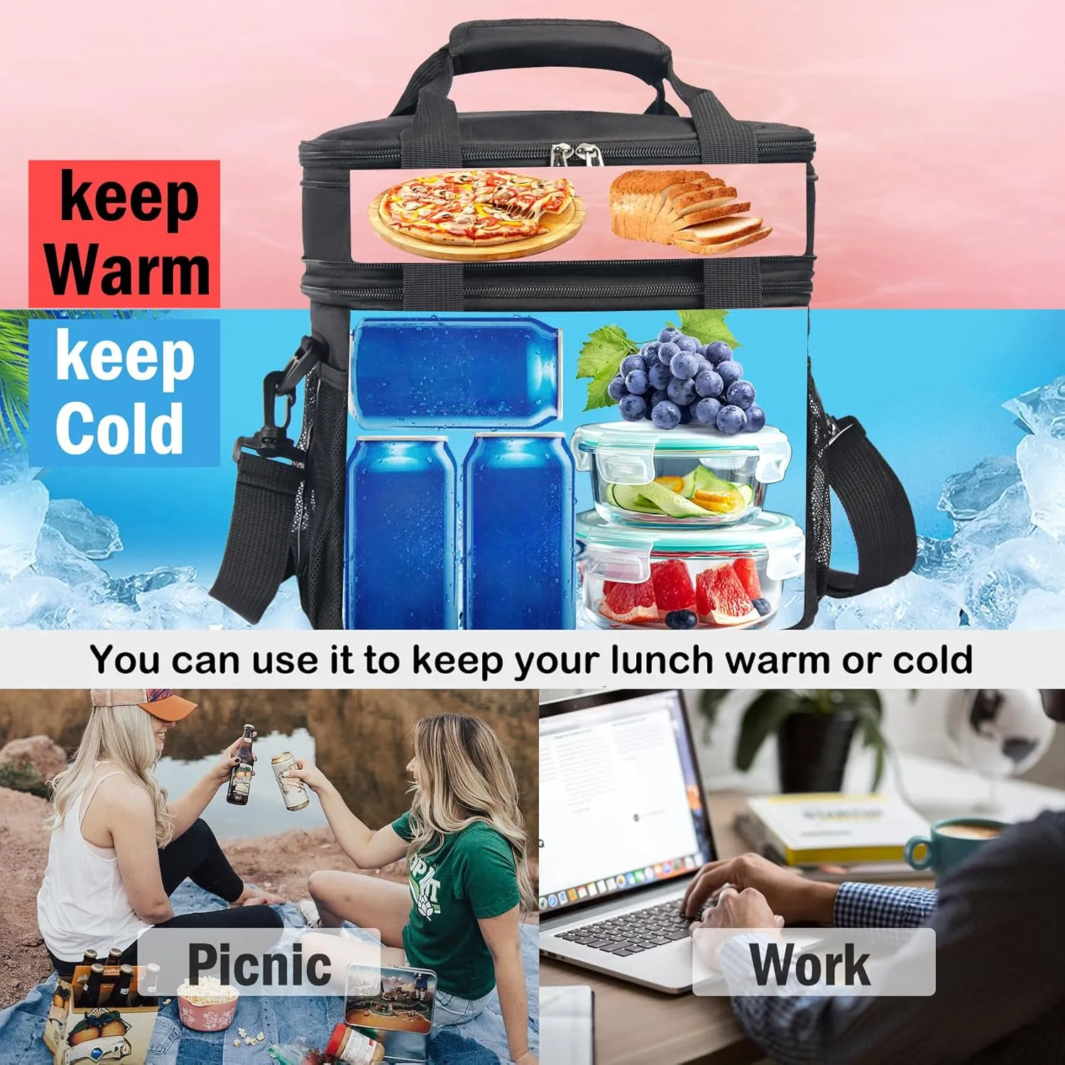 Lunch Box For Men/Women,Large Double-layer Insulated Expandable Reusable Leakproof Cooler Bags For Adults,Lunch Bag With Adjustable Shoulder Strap For Office Travel Picnic（Camo）