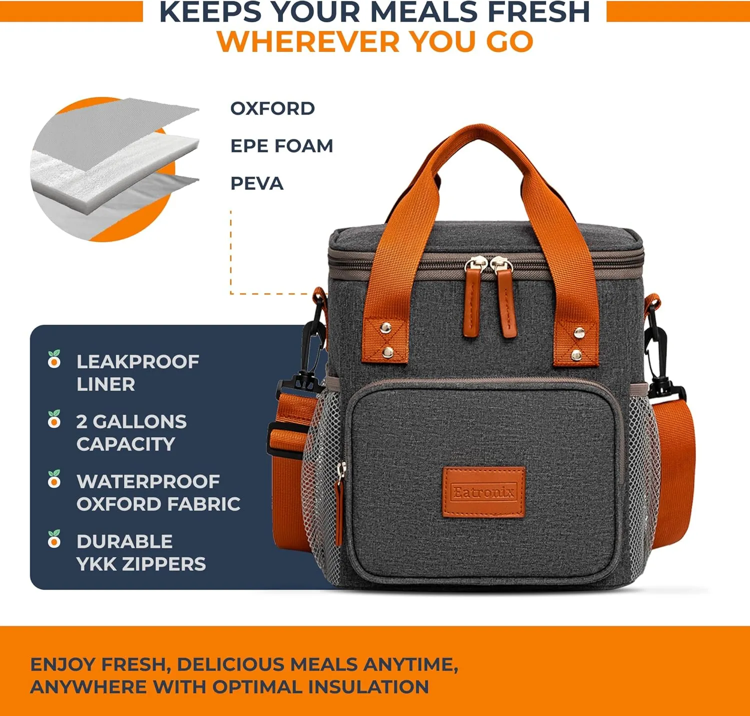Lunch Box Insulated Lunch Bag for Men, Women – Waterproof Reusable Cooler Bag with Adjustable Shoulder Strap for Men Women Kids – Ideal for Office Work School Picnic (Grey)
