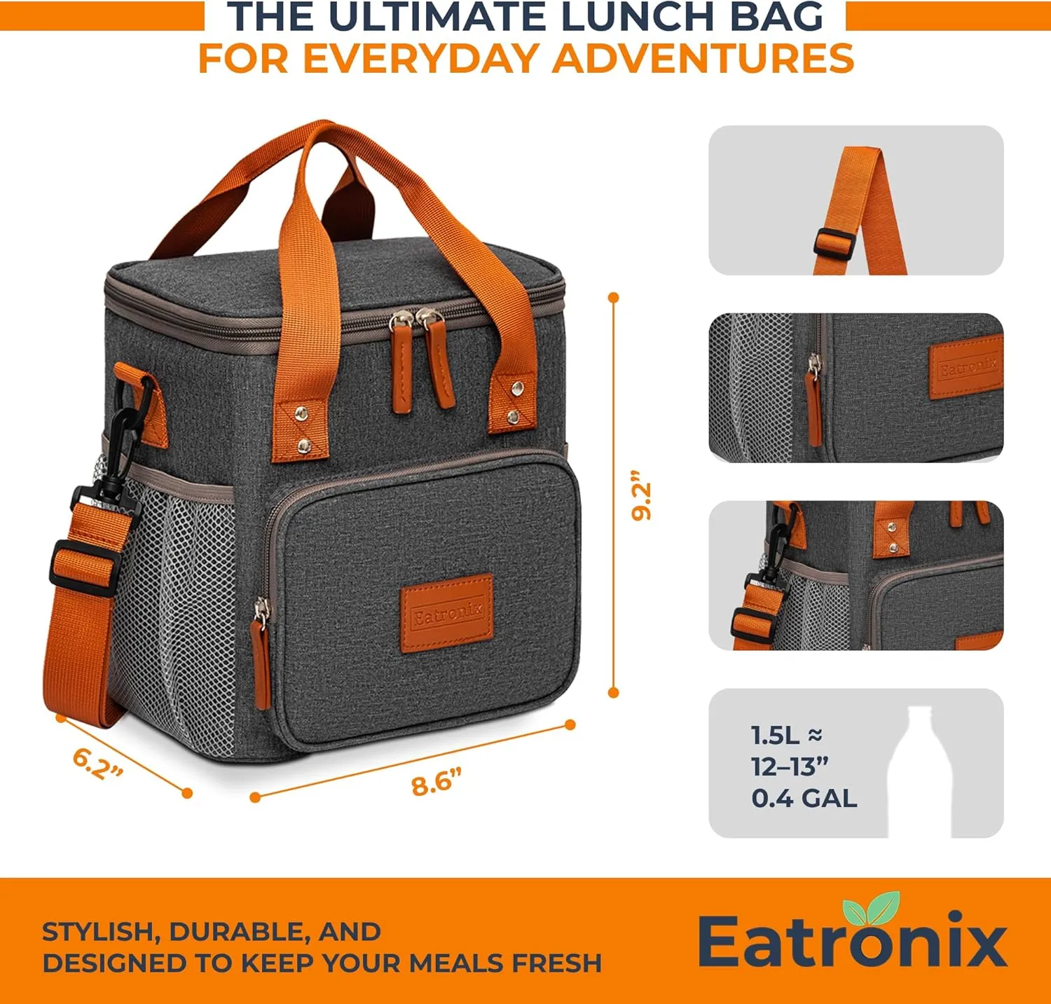 Lunch Box Insulated Lunch Bag for Men, Women – Waterproof Reusable Cooler Bag with Adjustable Shoulder Strap for Men Women Kids – Ideal for Office Work School Picnic (Grey)