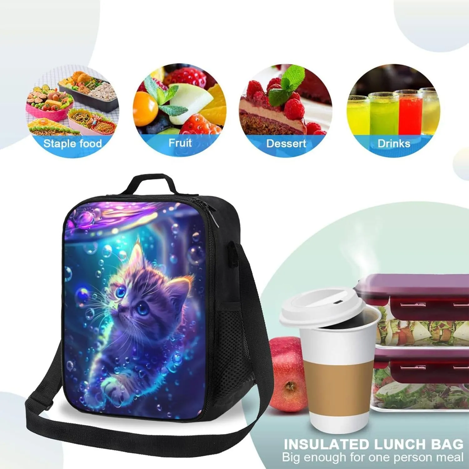 Lunch Box Insulated Lunch Bag, Reusable Portable Bento Lunchbox With Shoulder Strap, Cat Lunch Bag, Funny Cute Cooler Thermal Meal Lunch Tote Bag