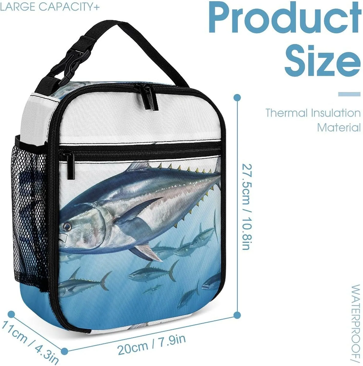 Lunch Box Lunch Bag for Women Adults Men，Reusable Cute Lunch Pail Bag - Leakproof Bluefin Tuna Thunnus Printed Lunch Tote Bags for Work, Travel, Outdoor