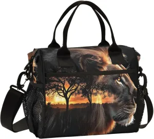 Lunch Box Lunch Bag Lion Grassland Black for Women Men Reusable Insulated Tote Shoulder Bag for Outdoor Picnic Camping