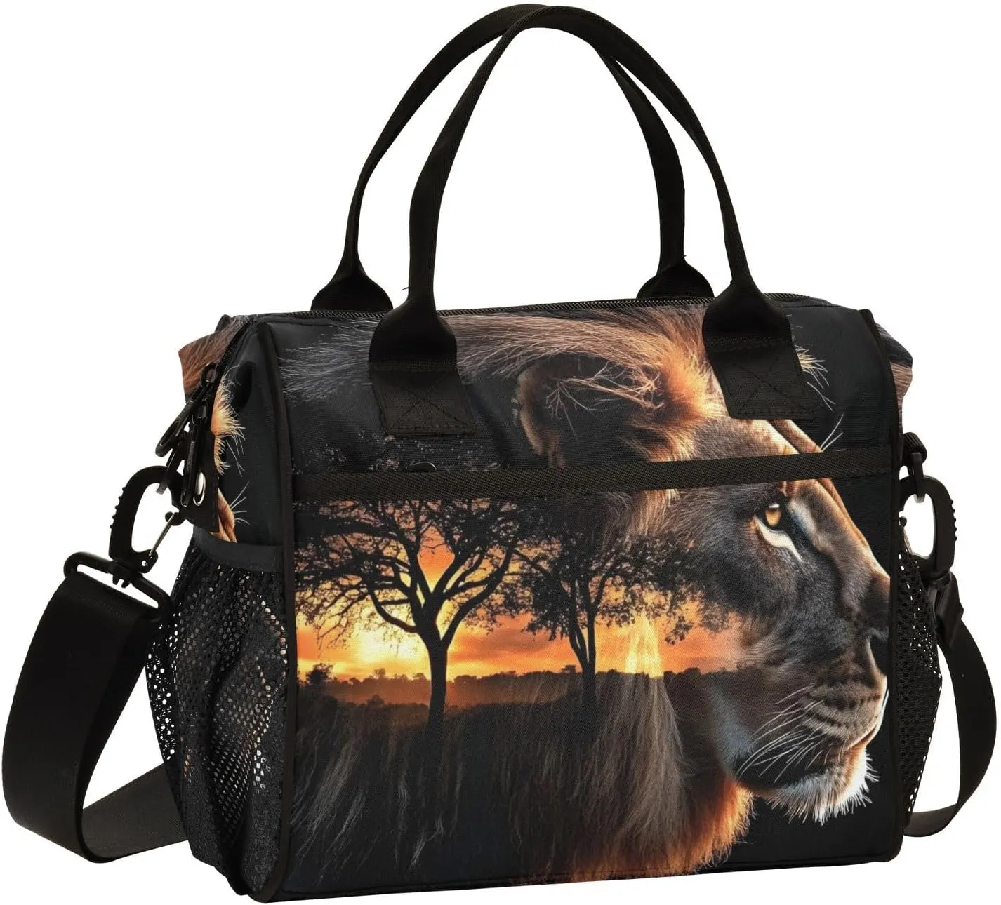 Lunch Box Lunch Bag Lion Grassland Black for Women Men Reusable Insulated Tote Shoulder Bag for Outdoor Picnic Camping