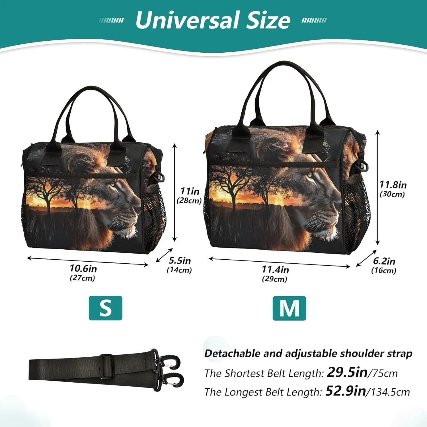 Lunch Box Lunch Bag Lion Grassland Black for Women Men Reusable Insulated Tote Shoulder Bag for Outdoor Picnic Camping