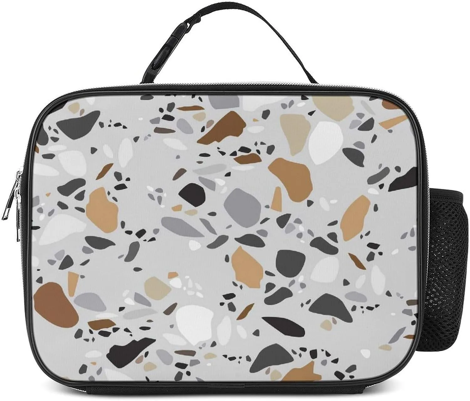 Lunch Meal Bag, Lunchbox Thermal Insulated Cooler Leakproof Polyester Picnic Bag with Buckled Handle 10.6x3.5x8.3 in Print Seamless Terrazzo Stone Fragments Rock Surface on Grey Background