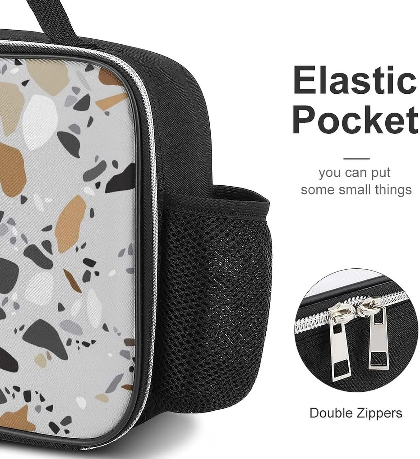 Lunch Meal Bag, Lunchbox Thermal Insulated Cooler Leakproof Polyester Picnic Bag with Buckled Handle 10.6x3.5x8.3 in Print Seamless Terrazzo Stone Fragments Rock Surface on Grey Background
