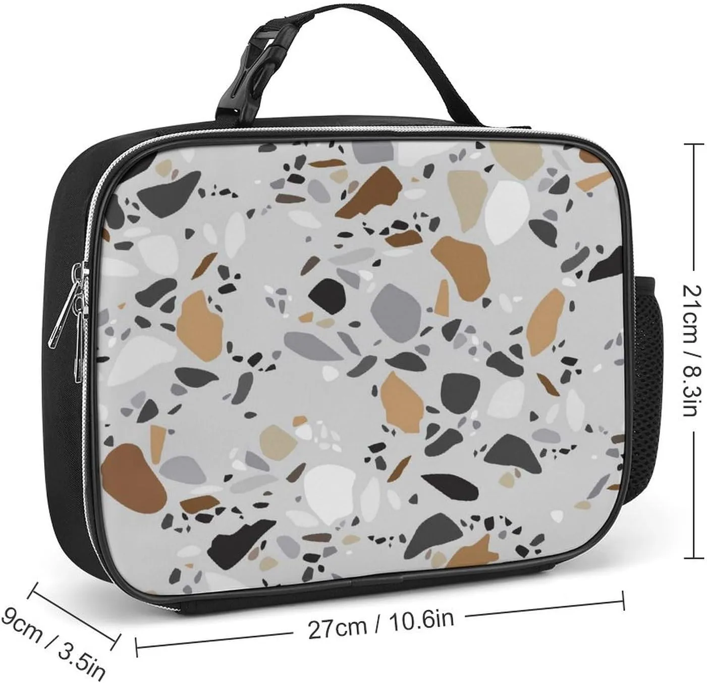 Lunch Meal Bag, Lunchbox Thermal Insulated Cooler Leakproof Polyester Picnic Bag with Buckled Handle 10.6x3.5x8.3 in Print Seamless Terrazzo Stone Fragments Rock Surface on Grey Background