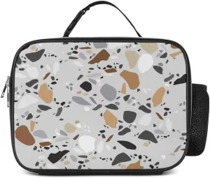Lunch Meal Bag, Lunchbox Thermal Insulated Cooler Leakproof Polyester Picnic Bag with Buckled Handle 10.6x3.5x8.3 in Print Seamless Terrazzo Stone Fragments Rock Surface on Grey Background