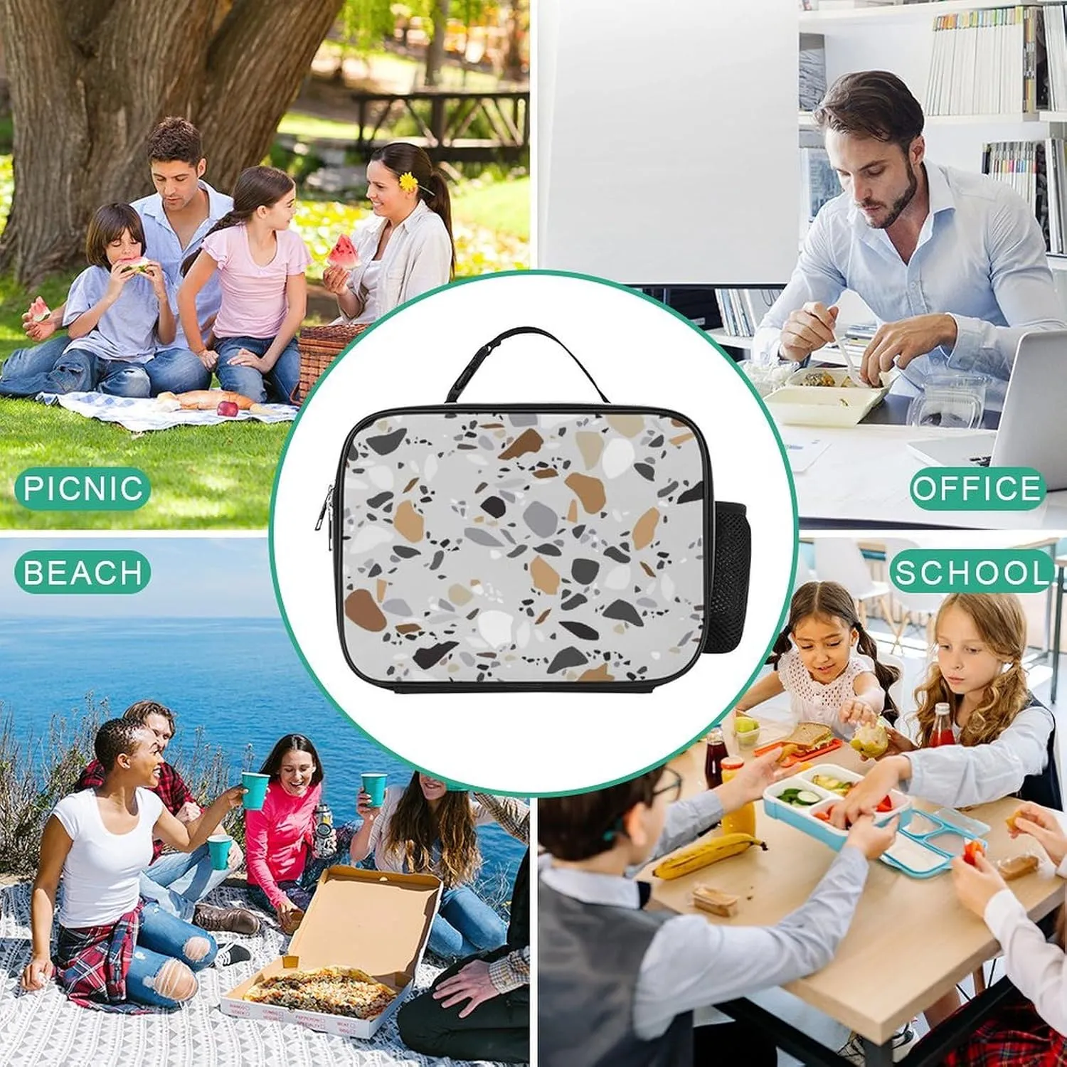 Lunch Meal Bag, Lunchbox Thermal Insulated Cooler Leakproof Polyester Picnic Bag with Buckled Handle 10.6x3.5x8.3 in Print Seamless Terrazzo Stone Fragments Rock Surface on Grey Background