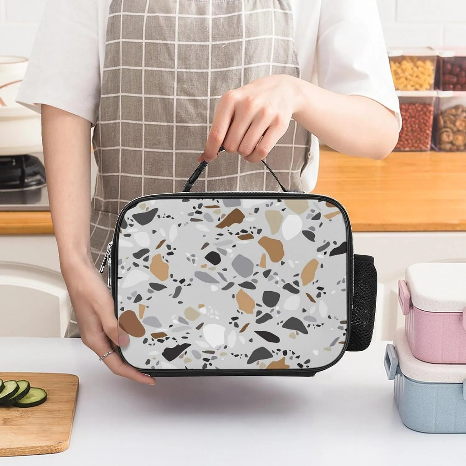 Lunch Meal Bag, Lunchbox Thermal Insulated Cooler Leakproof Polyester Picnic Bag with Buckled Handle 10.6x3.5x8.3 in Print Seamless Terrazzo Stone Fragments Rock Surface on Grey Background