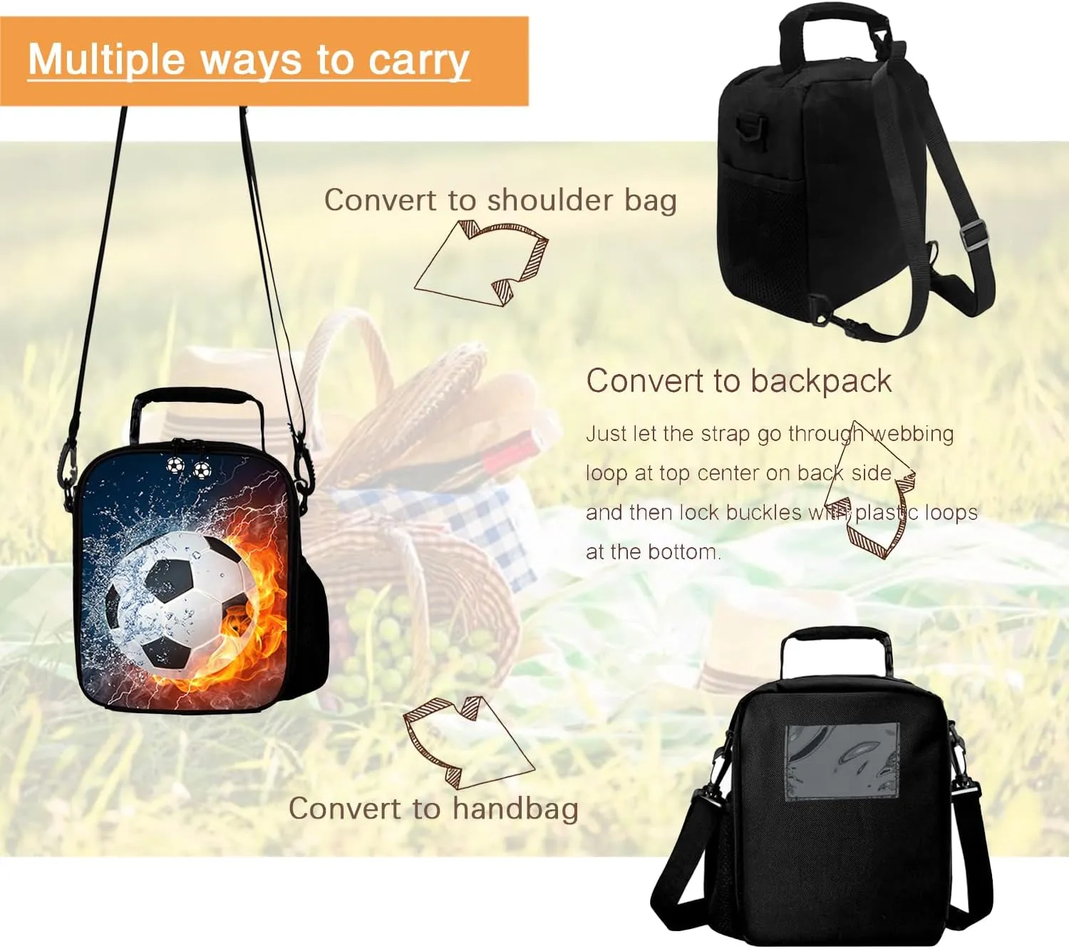 Lunch Tote, 2019 Upgrade Insulated Football Lunch Bag- Waterproof Reusable Lunch Box Portable Meal Bag Ice Pack for Kids Boys Girls -Black