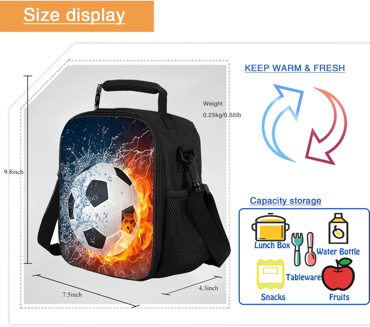 Lunch Tote, 2019 Upgrade Insulated Football Lunch Bag- Waterproof Reusable Lunch Box Portable Meal Bag Ice Pack for Kids Boys Girls -Black