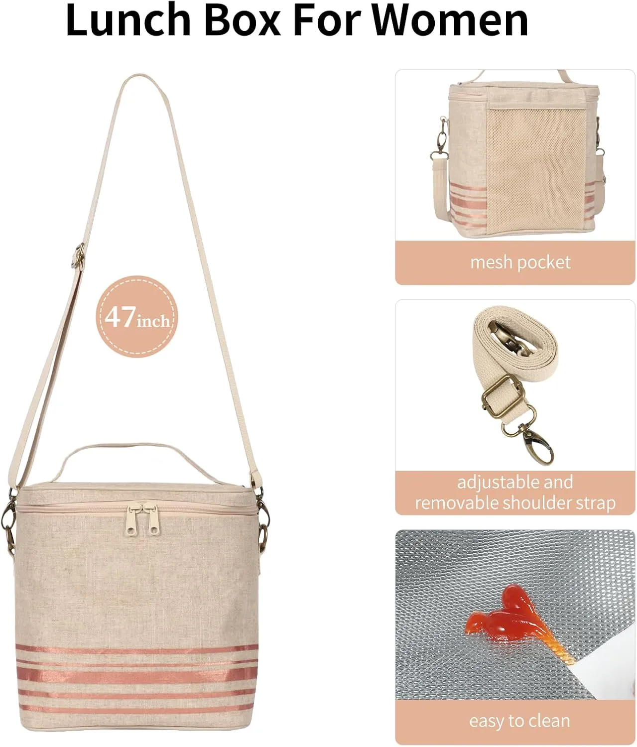 Lunch Tote Bag for Women, Thermal Bag with Double Zipper Close and adjustable shoulder strap, Insulated Cooler Bag for Work, Travel & Picnic (Golden Stripe)